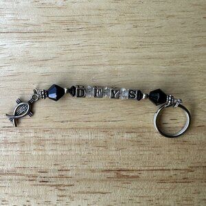 Keychain Purse Charm Stamped 925 On‎ Fish Cross Black Glass Beads Letter Blocks